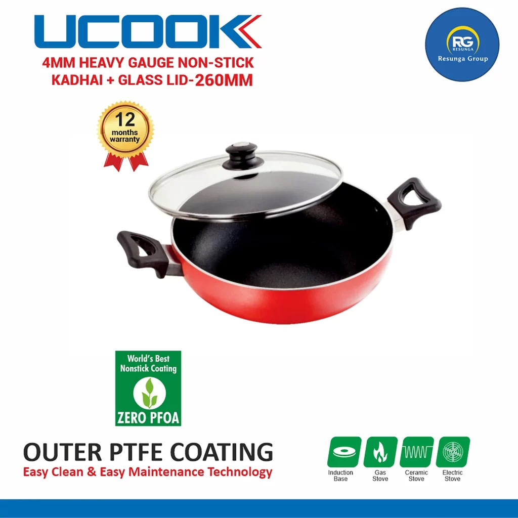 Ucook 4MM Heavy Gauge NS Kadai with Glass Lid 260mm