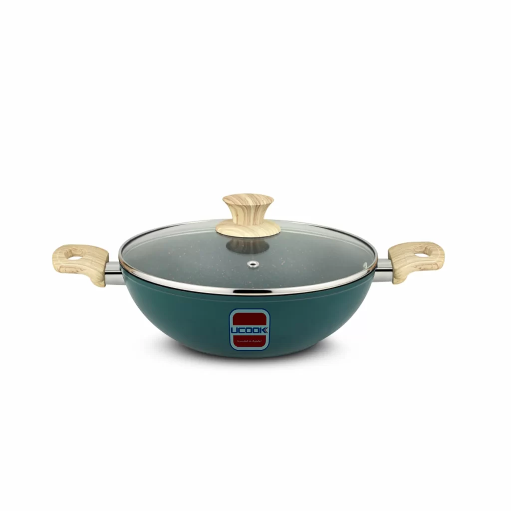 Ucook NS Forged Pro-X Kadhai with Glass Lid Teal Blue Gold Spatter 260mm