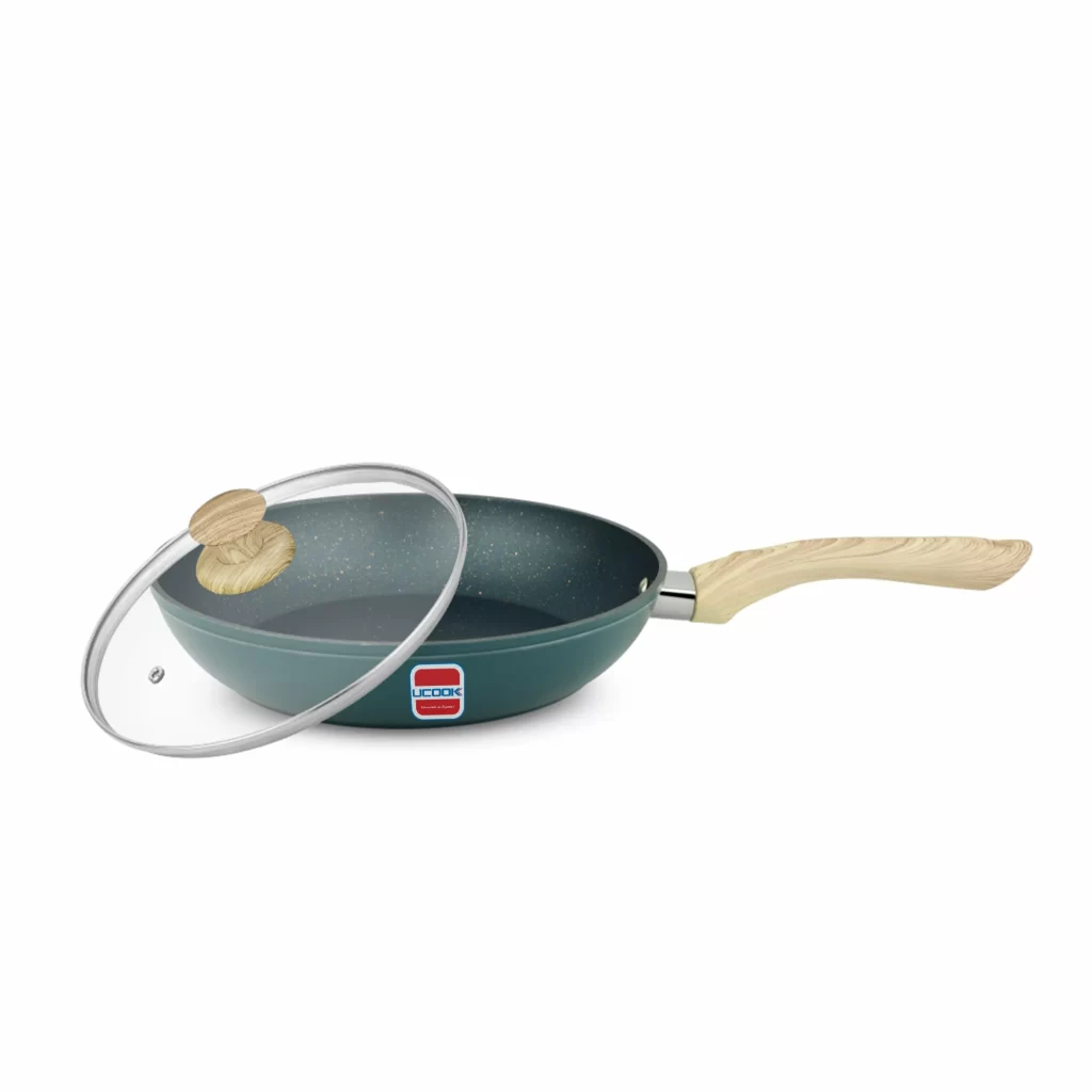 Ucook NS Forged Pro-X Fry Pan with Glass Lid Teal Blue Gold Spatter 240mm