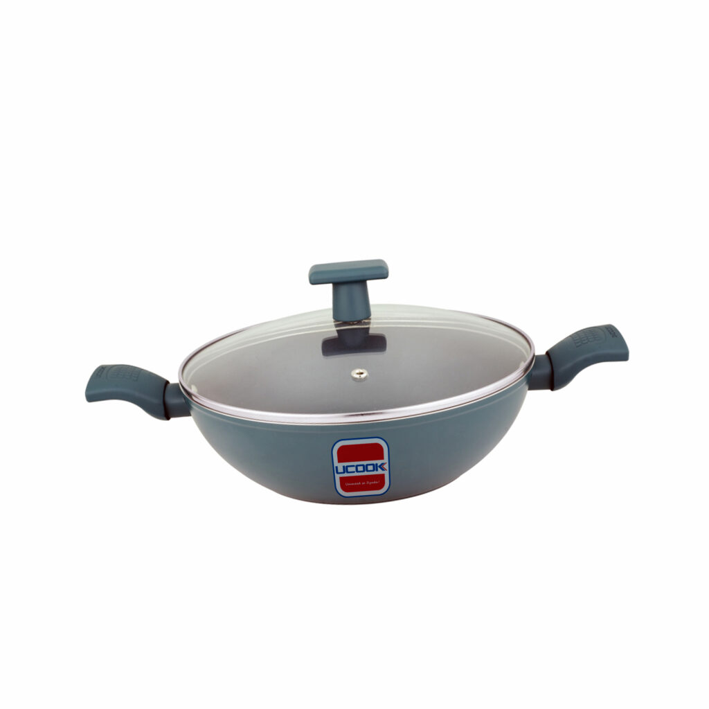 Ucook NS Forged Pro Kadhai with Glass Lid Teal Blue Soft Touch Handle 260mm