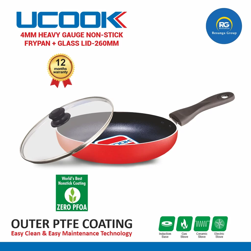 Ucook 4MM Heavy Gauge NS Fry Pan with Glass Lid 260mm