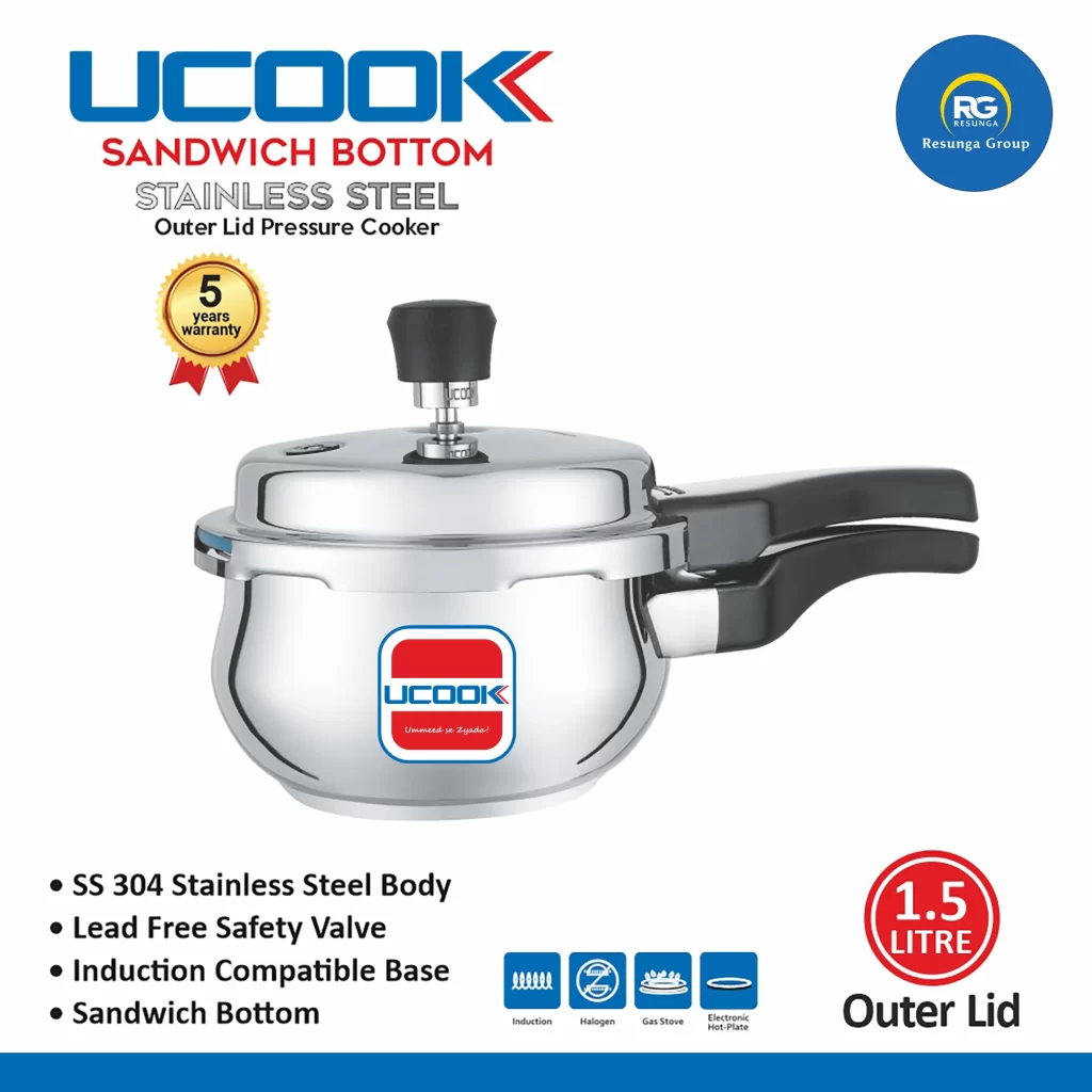 Ucook SS Belly Shape Sandwich Bottom Outer Lid Cooker 1.5Ltr