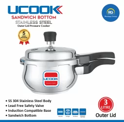 Ucook SS Belly Shape Sandwich Bottom Outer Lid Cooker 3Ltr