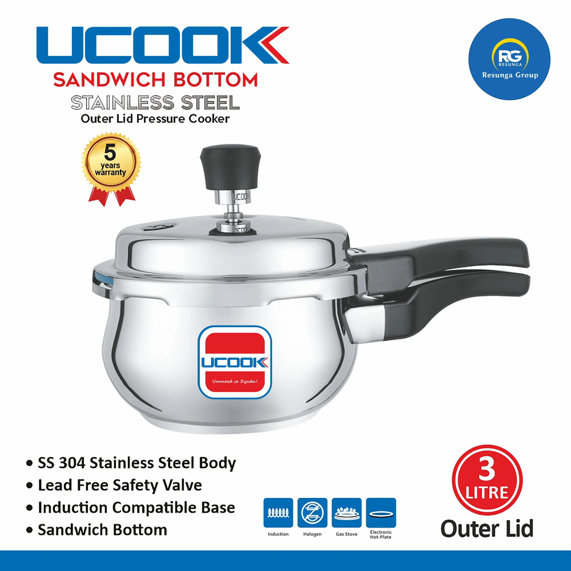 Ucook SS Belly Shape Sandwich Bottom Outer Lid Cooker 3Ltr