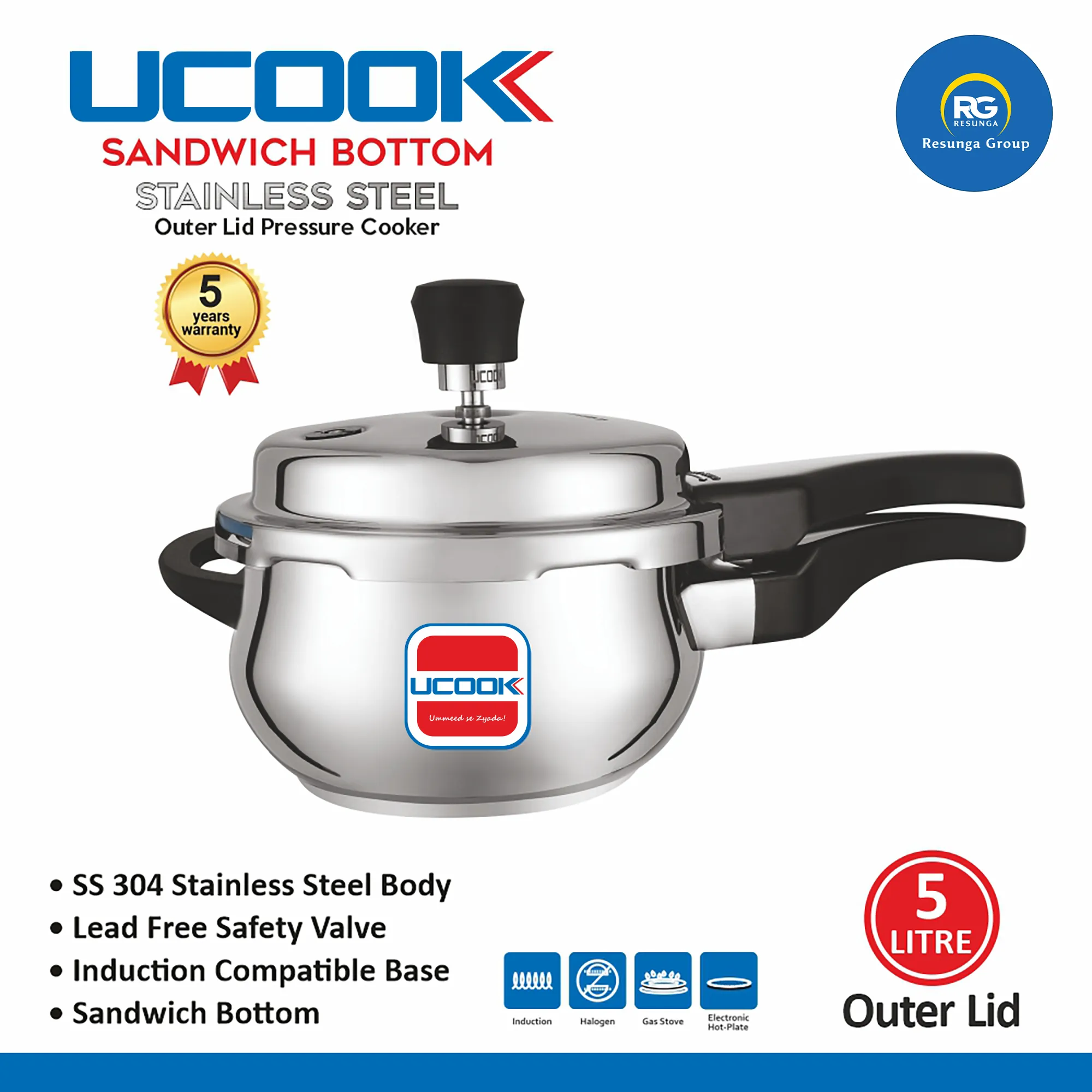 Ucook SS Belly Shape Sandwich Bottom Outer Lid Cooker 5Ltr