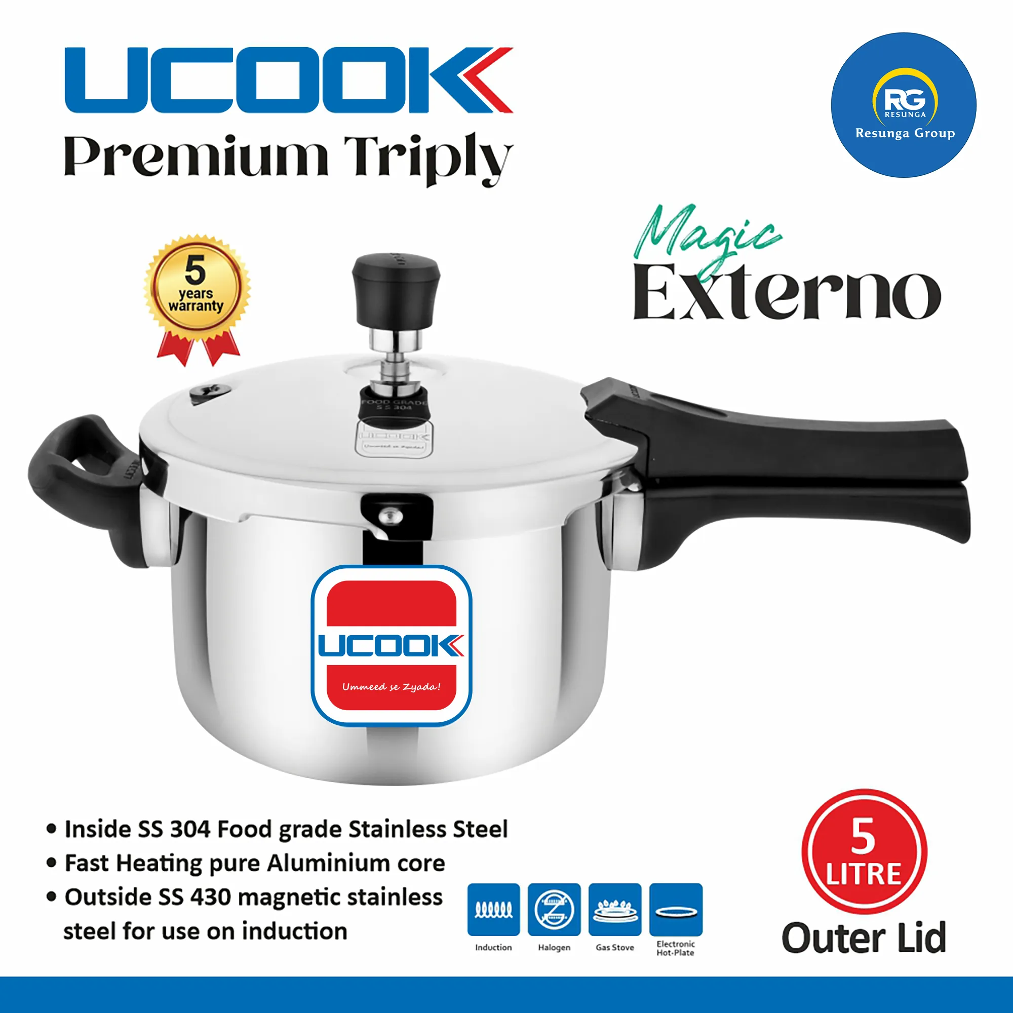 Ucook Triply Magic Externo Outer Lid Cooker 5Ltr