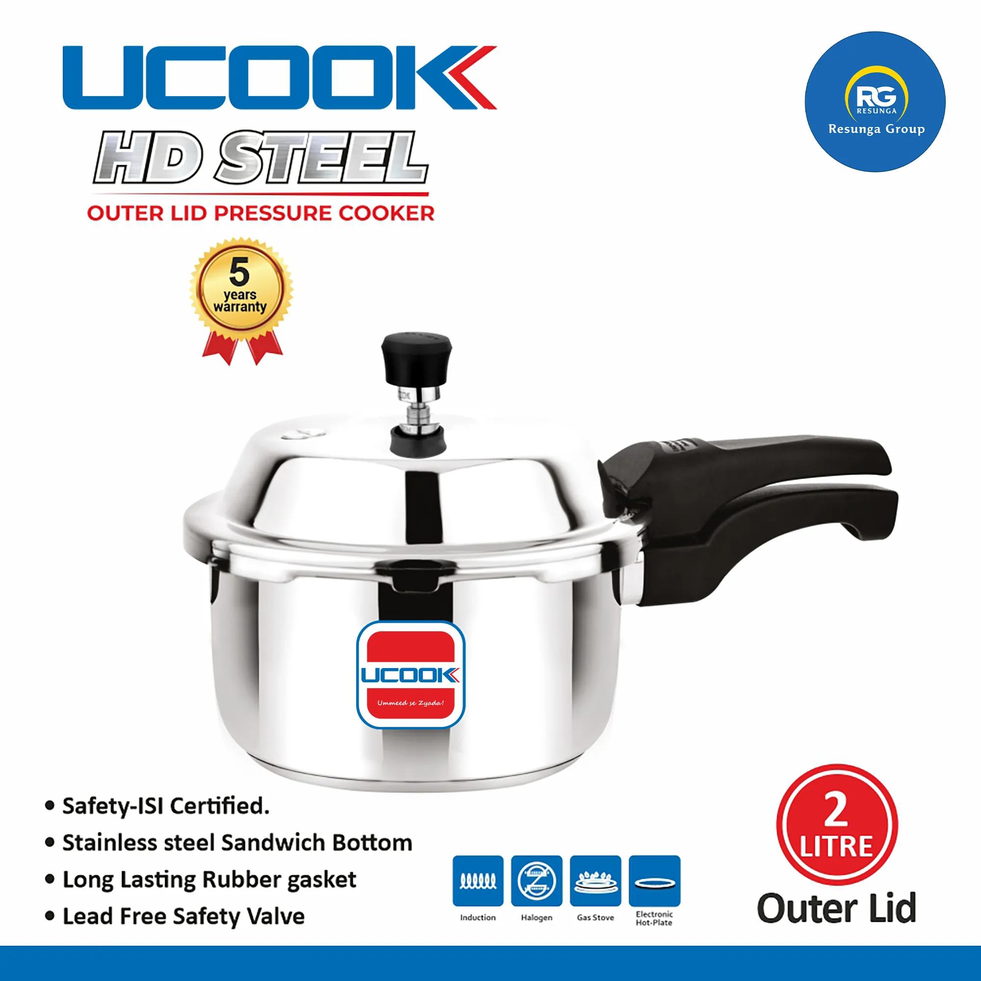 Ucook HD Steel Outer Lid Pressure Cooker 2Ltr