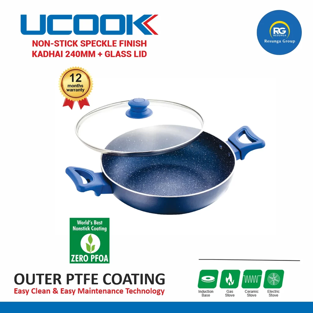 Ucook Non-Stick Speckle Finish Kadhai with Glass Lid 240mm