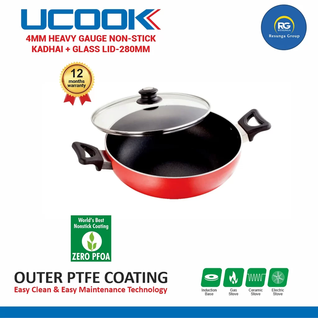 Ucook 4MM Heavy Gauge NS Kadai with Glass Lid 280mm