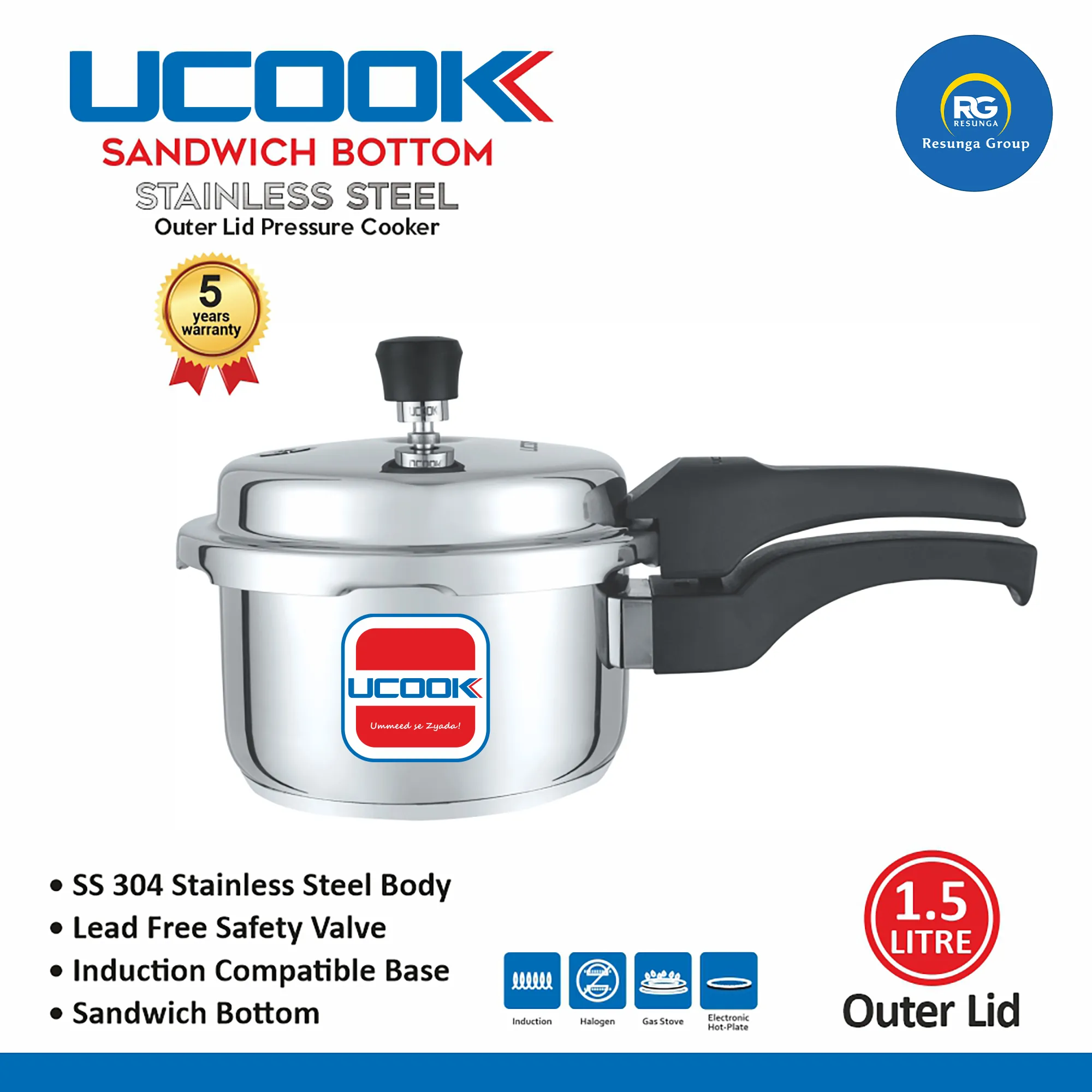 Ucook SS Sandwich Bottom Outer Lid Cooker 1.5Ltr