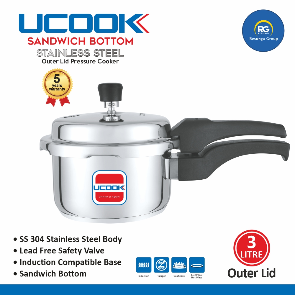 Ucook SS Sandwich Bottom Outer Lid Cooker 3Ltr