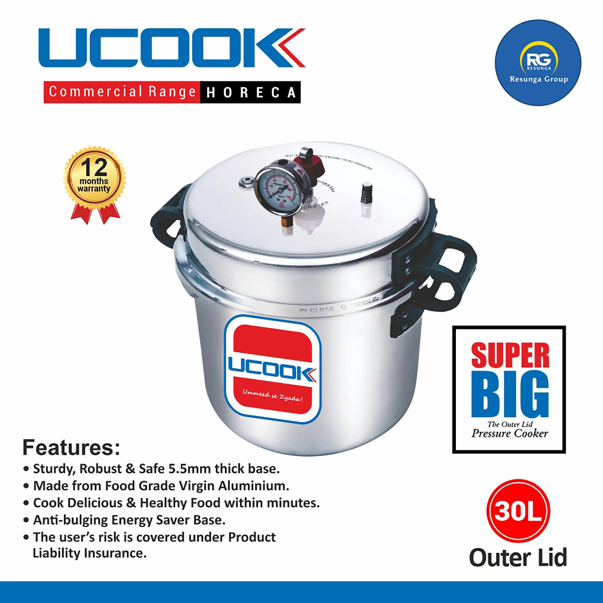 United Regular Inner Lid Non-Induction Pressure Cooker 30Ltr