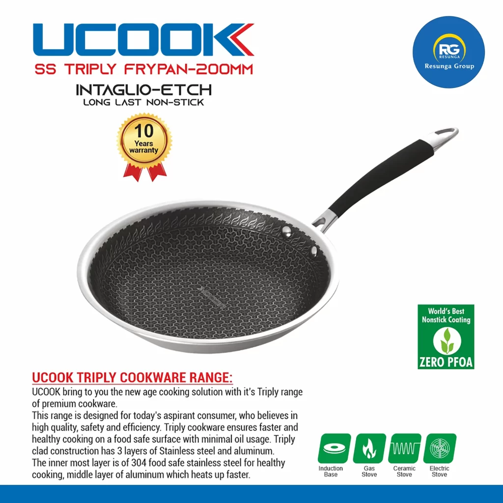 Ucook Stainless Steel Non-Stick Triply Fry Pan 200mm