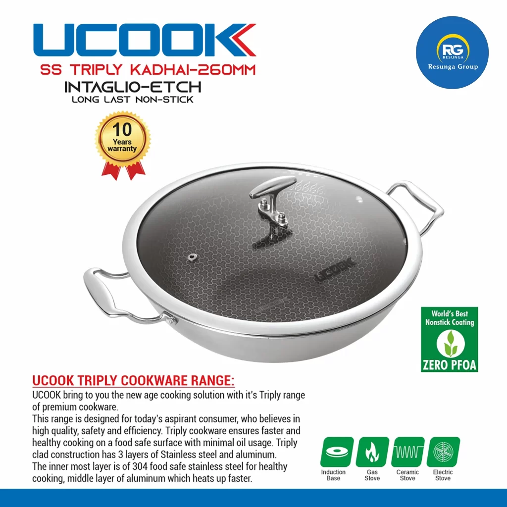 Ucook Stainless Steel Non-Stick Triply Kadhai 260mm