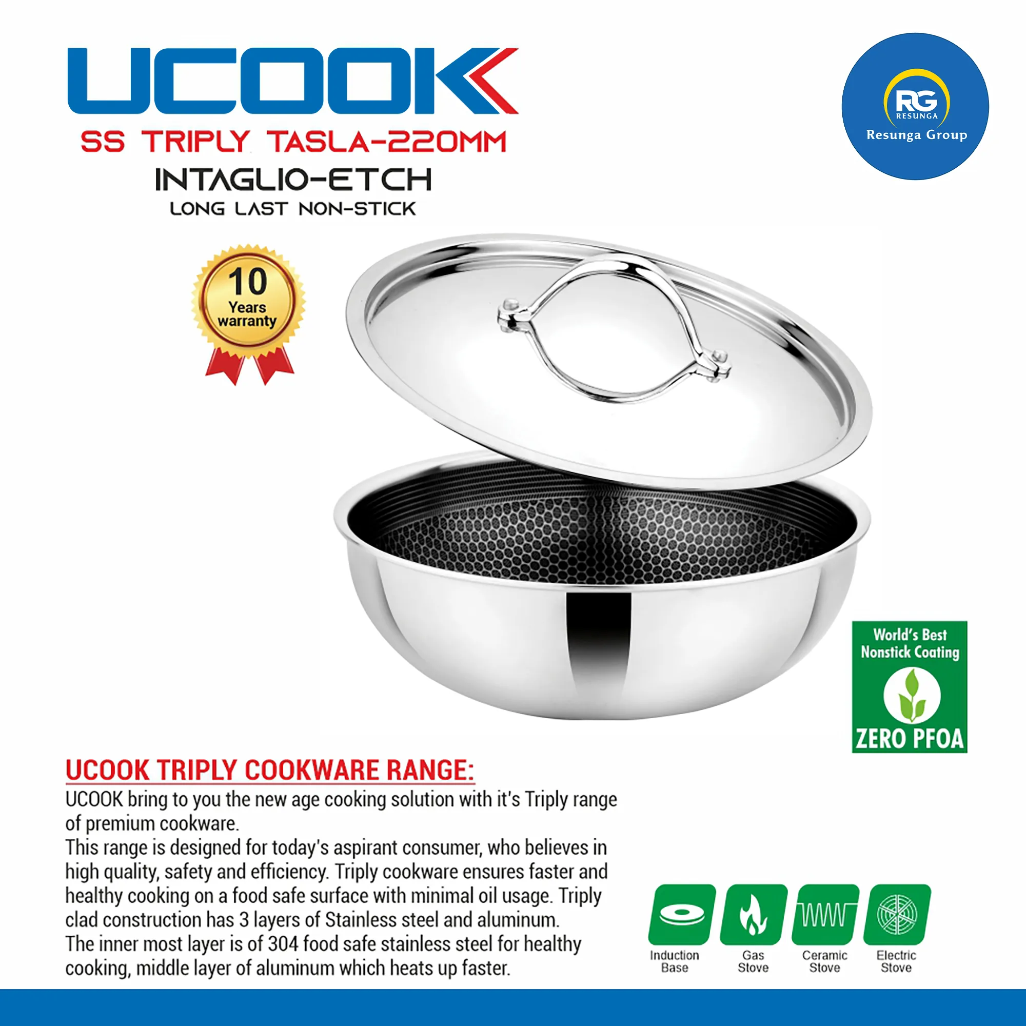 Ucook Stainless Steel Non-Stick Triply Tasla 220mm