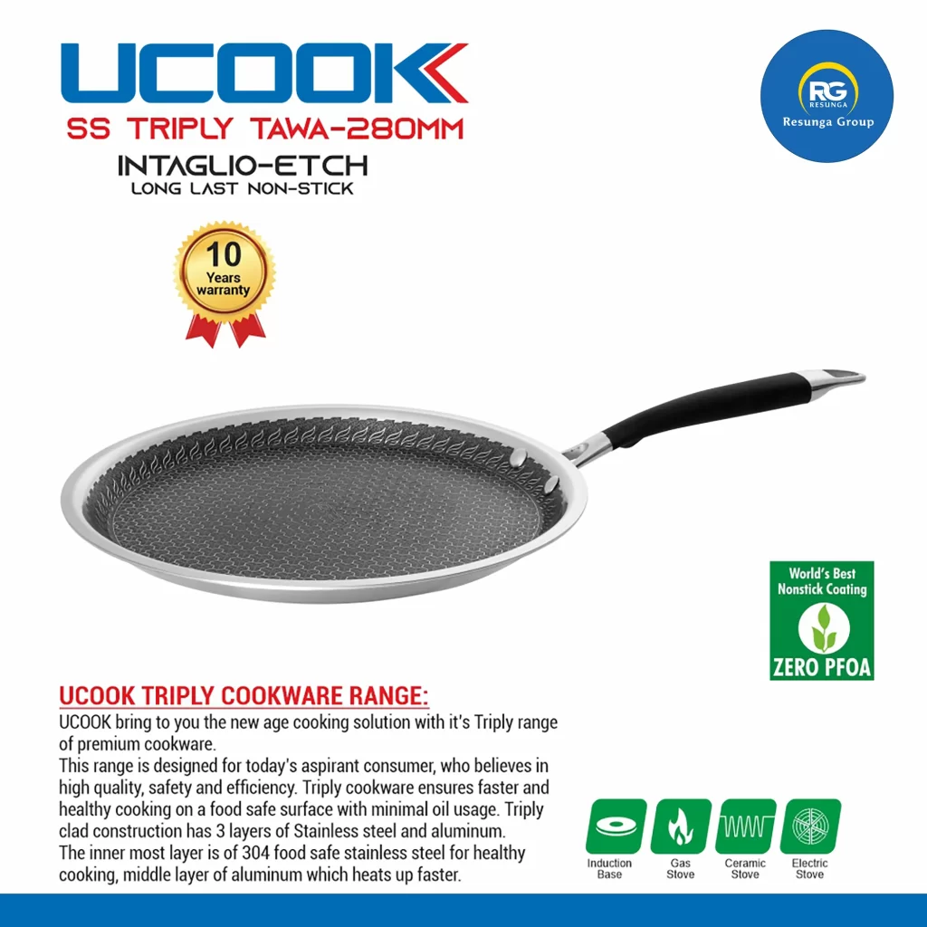 Ucook Stainless Steel Non-Stick Triply Tawa 280mm