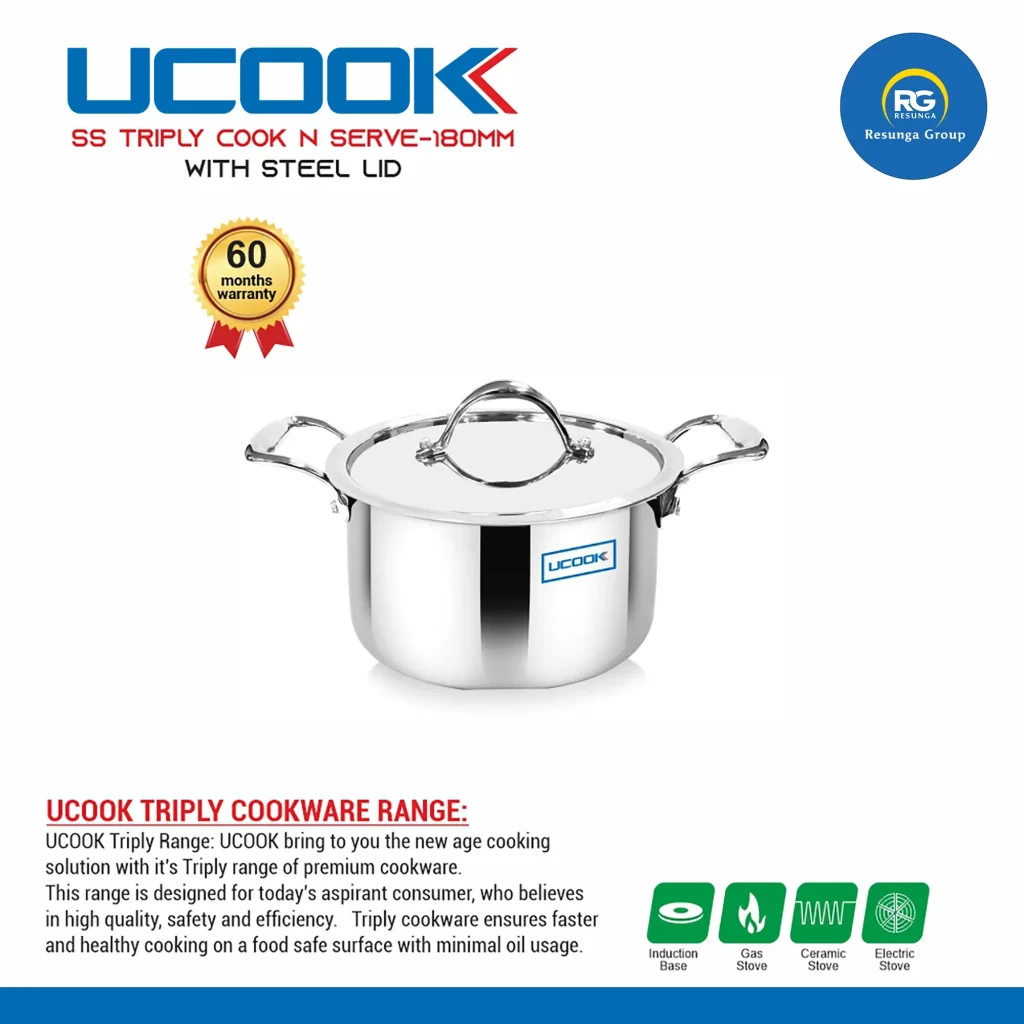 Ucook SS Triply  Cook N Serve with Steel Lid 180mm