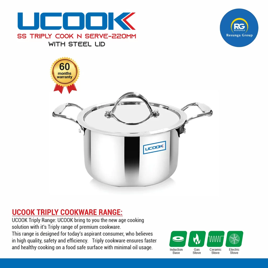 Ucook SS Triply  Cook N Serve with Steel Lid 220mm