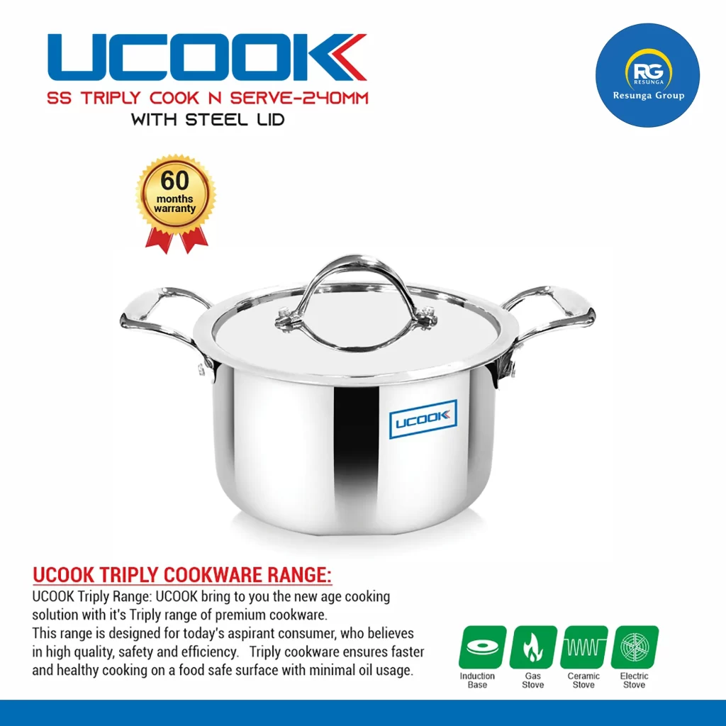 Ucook SS Triply  Cook N Serve with Steel Lid 240mm