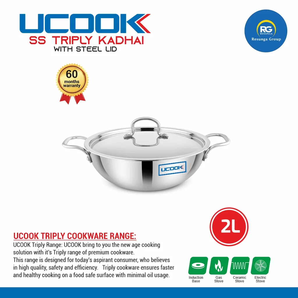 Ucook SS Triply Kadai with Steel Lid 2Ltr