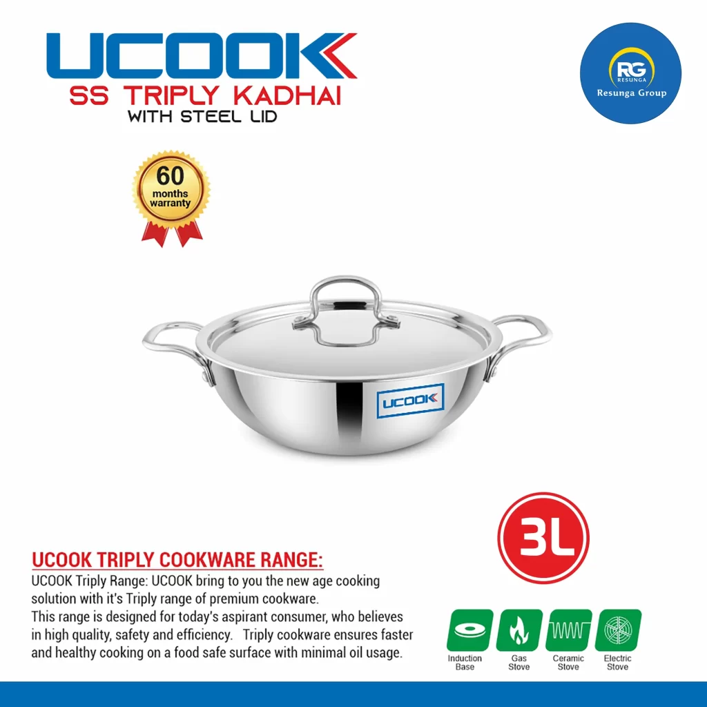 Ucook SS Triply Kadai with Steel Lid 3Ltr