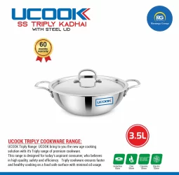 Ucook SS Triply Kadai with Steel Lid 3.5Ltr