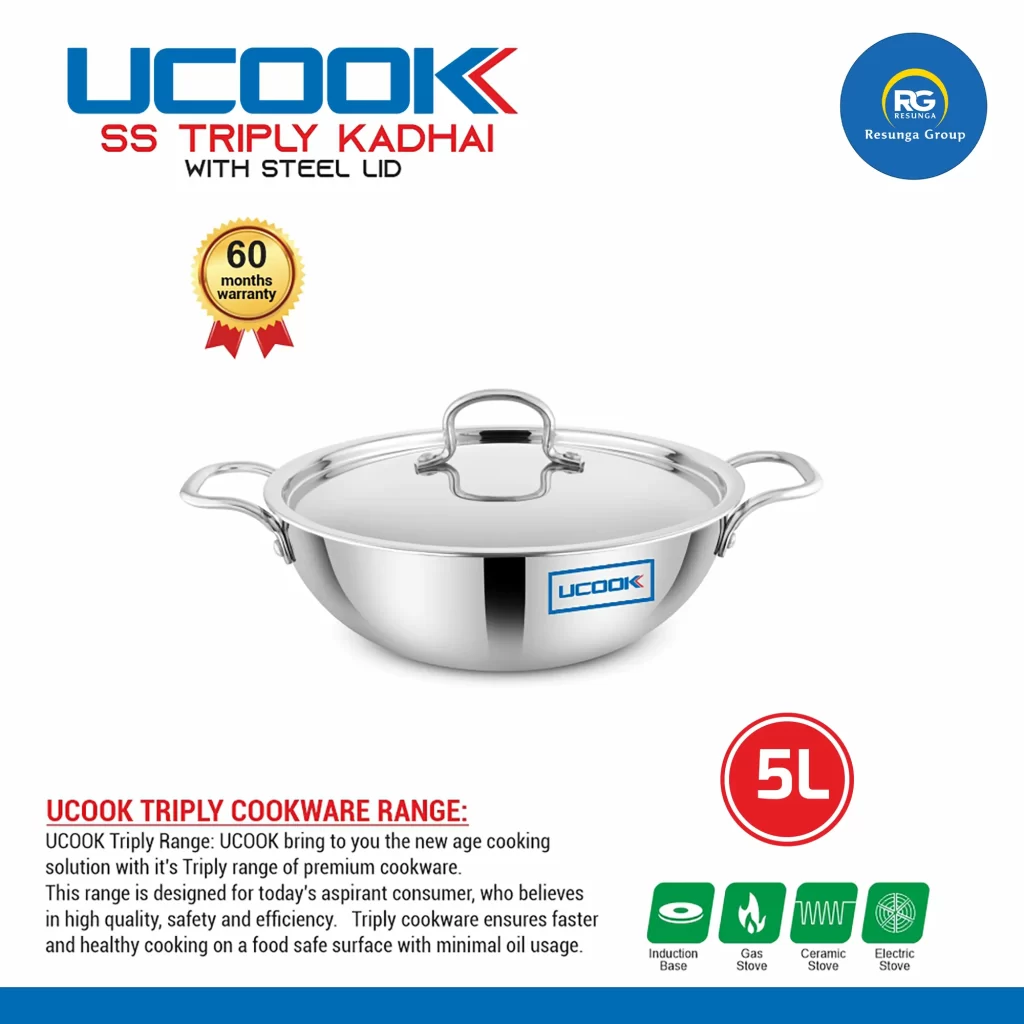 Ucook SS Triply Kadai with Steel Lid 5Ltr