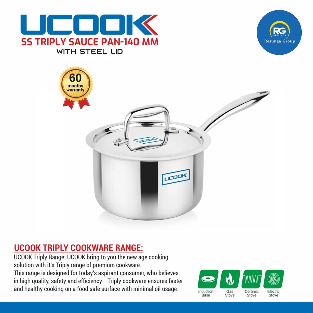 Ucook SS Triply Sauce Pan with Steel Lid 140mm