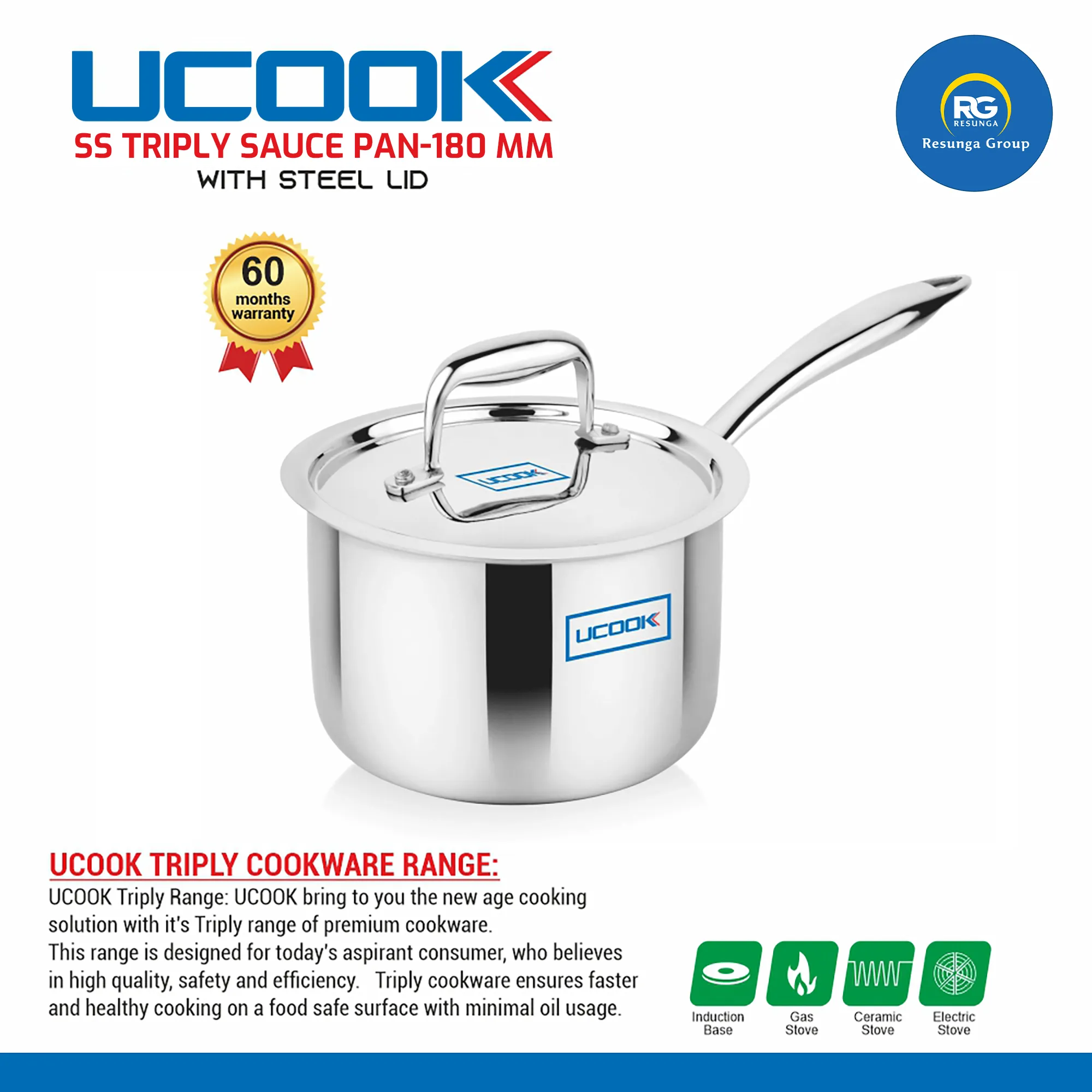 Ucook SS Triply Sauce Pan With Steel Lid 180mm