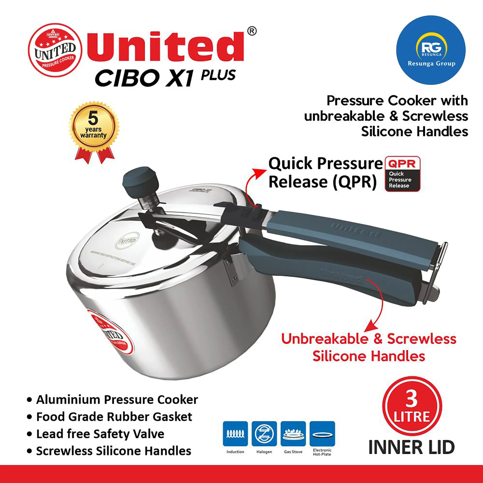 United CIBO X1 Plus Inner Lid Cooker 3Ltr