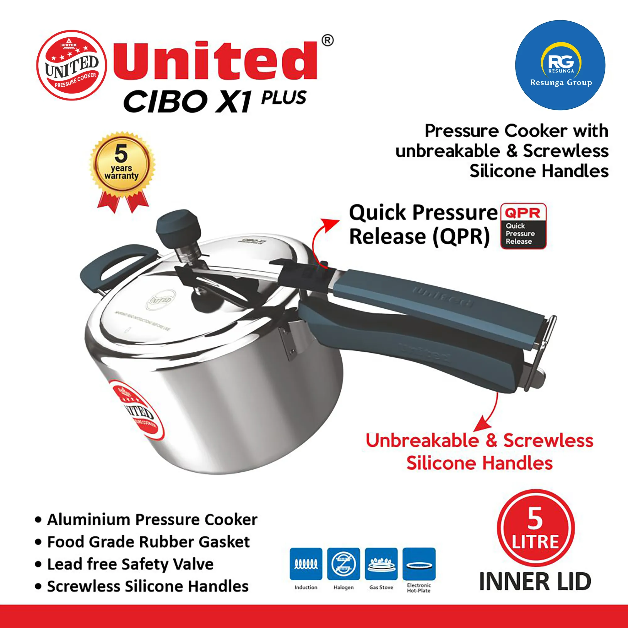 United CIBO X1 Plus Inner Lid Cooker 5Ltr