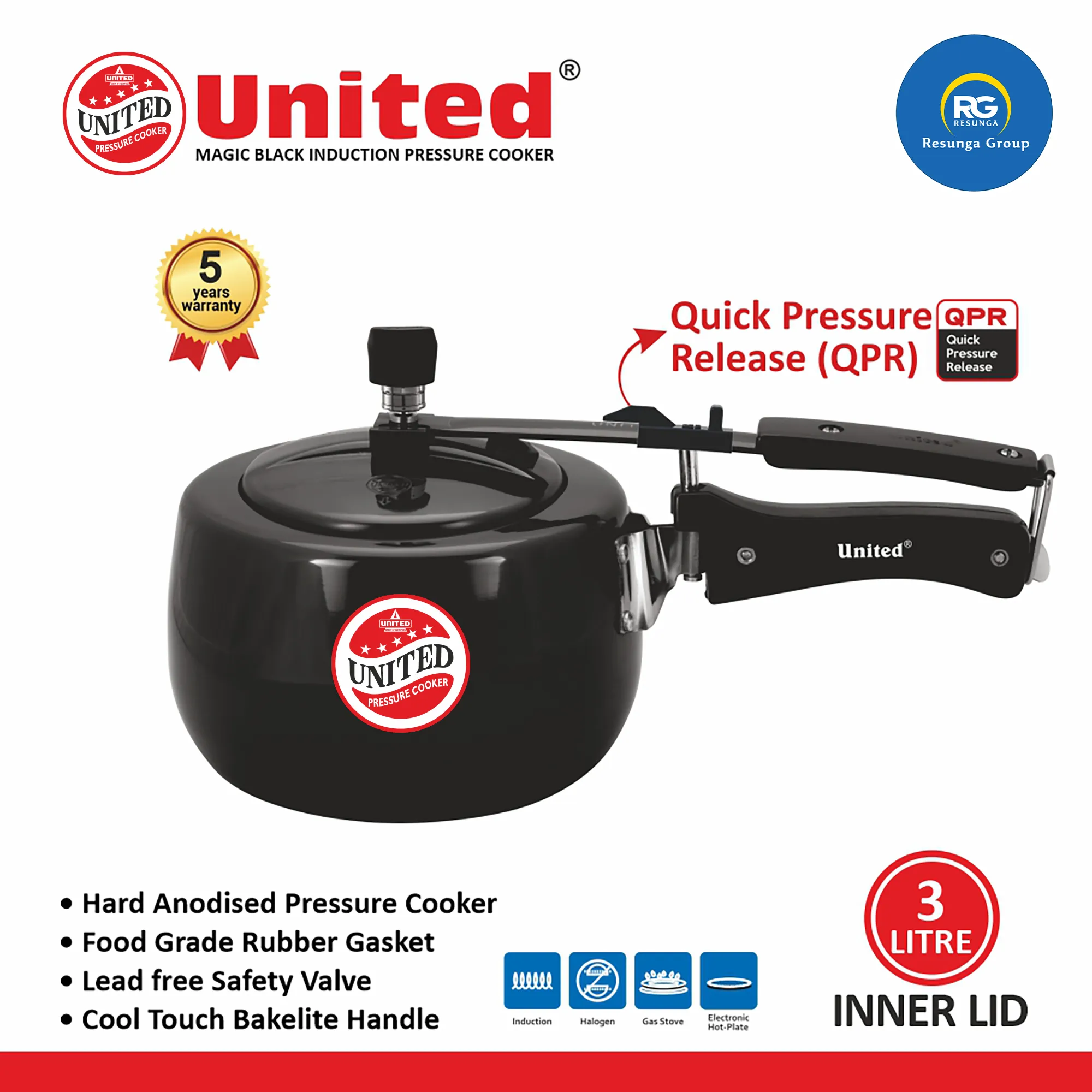 United Magic Black Induction Pressure Cooker 3Ltr