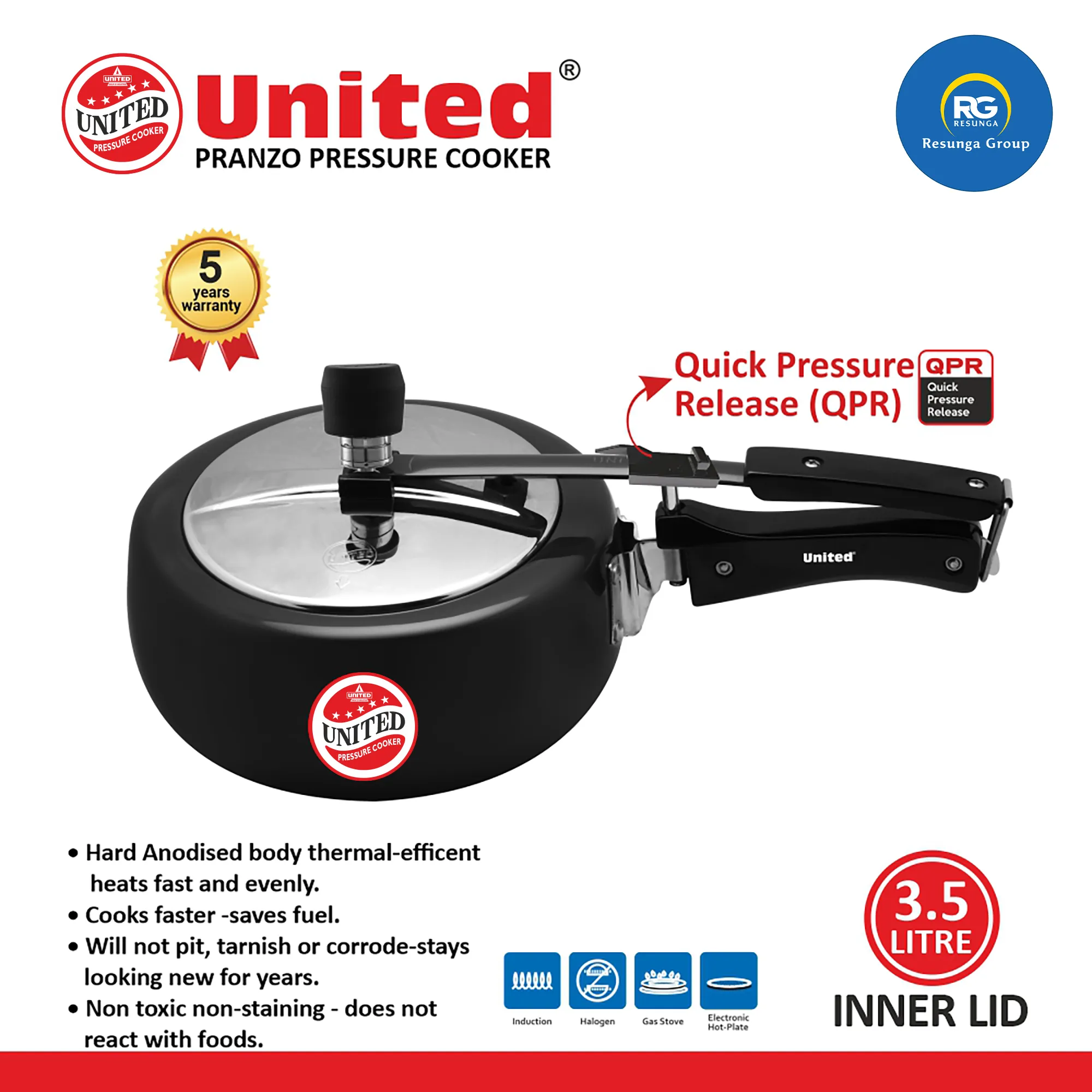 United Pranzo Induction Pressure Cooker 3.5Ltr