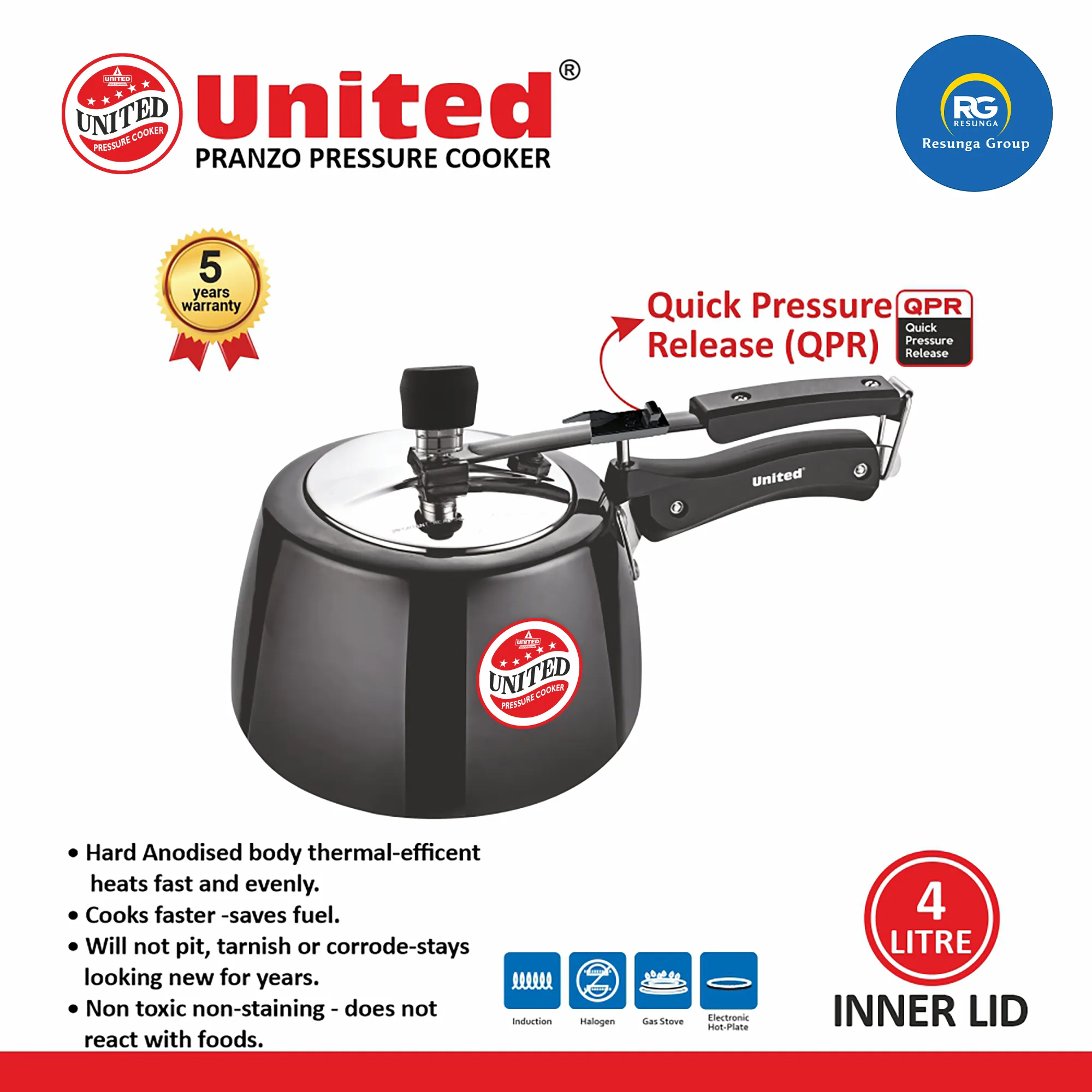 United Pranzo Induction Pressure Cooker 4Ltr