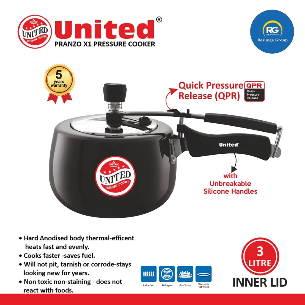 United Pranzo X1 Black Inner Lid Pressure Cooker 3Ltr