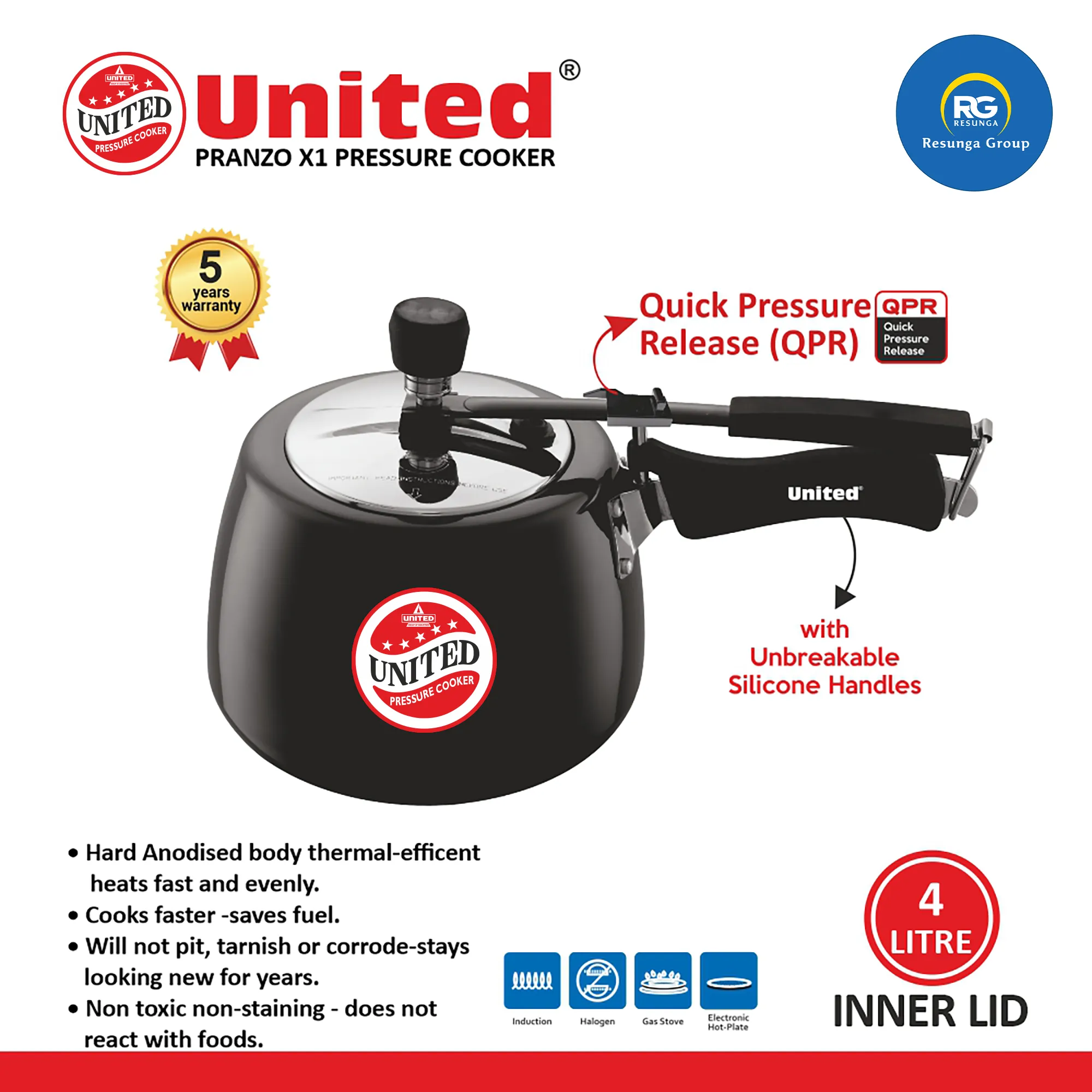 United Pranzo X1 Black Inner Lid Pressure Cooker 4Ltr