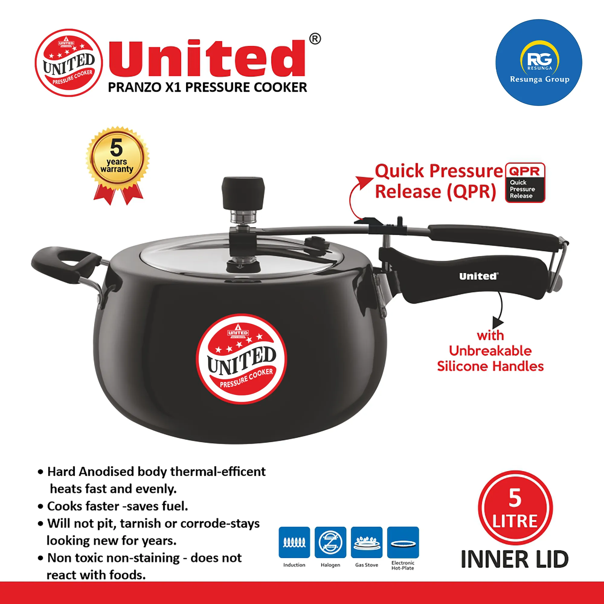 United Pranzo X1 Black Inner Lid Pressure Cooker 5Ltr