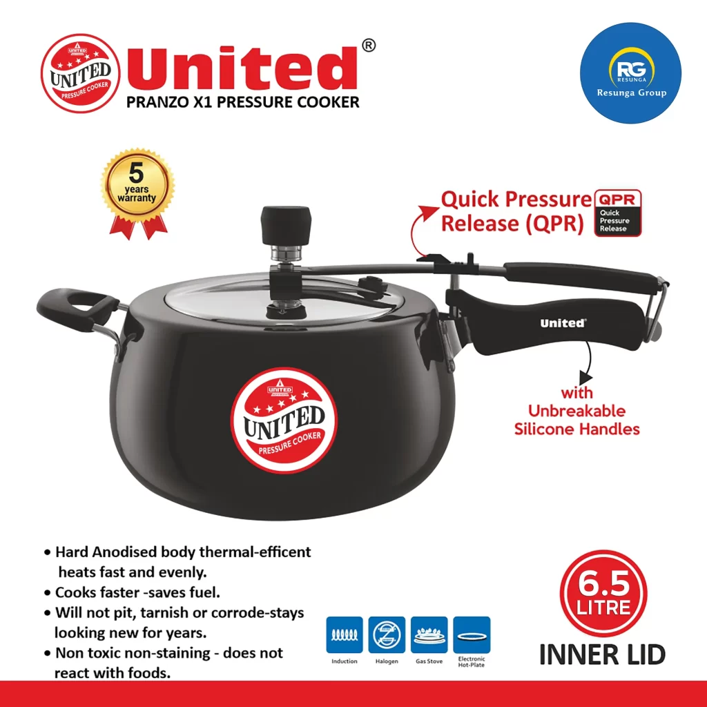 United Pranzo X1 Black Inner Lid Pressure Cooker 6.5Ltr