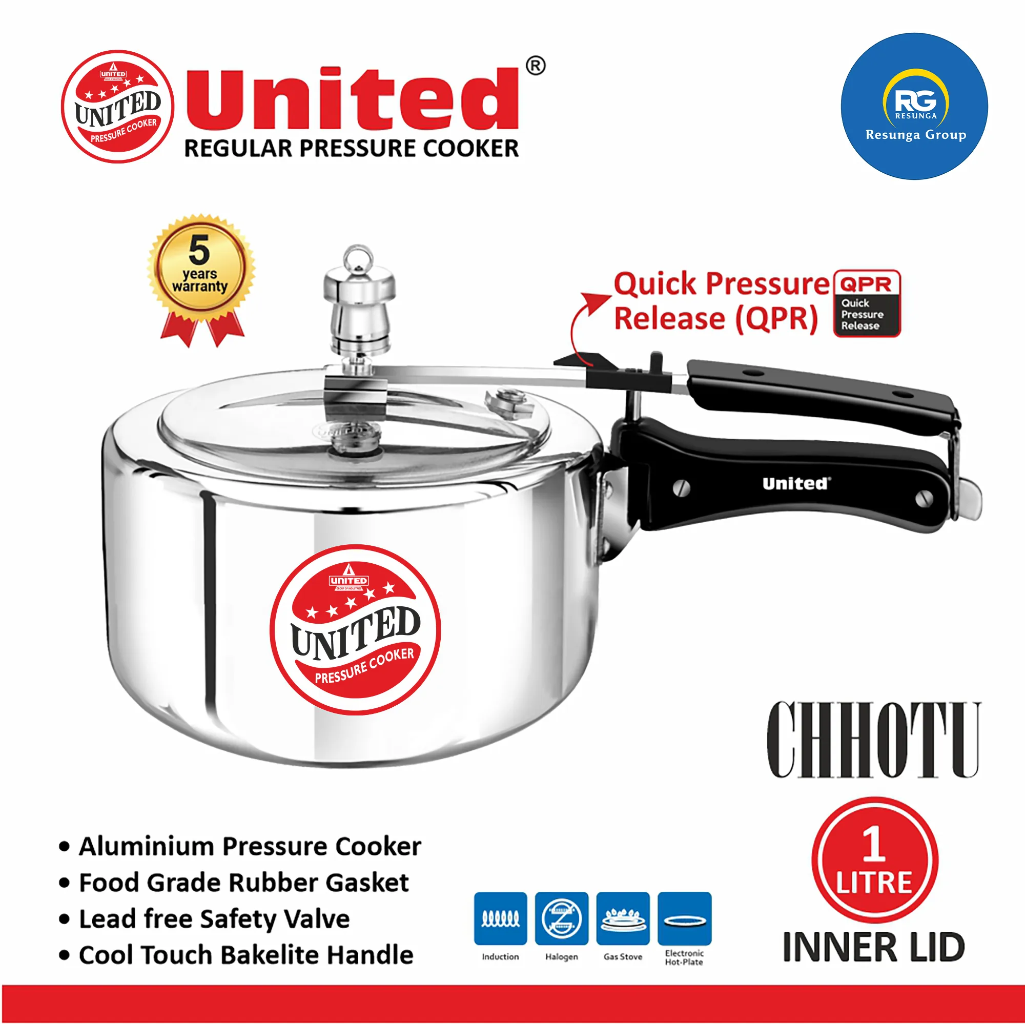 United Regular Inner Lid Magic Induction Pressure Cooker 1Ltr