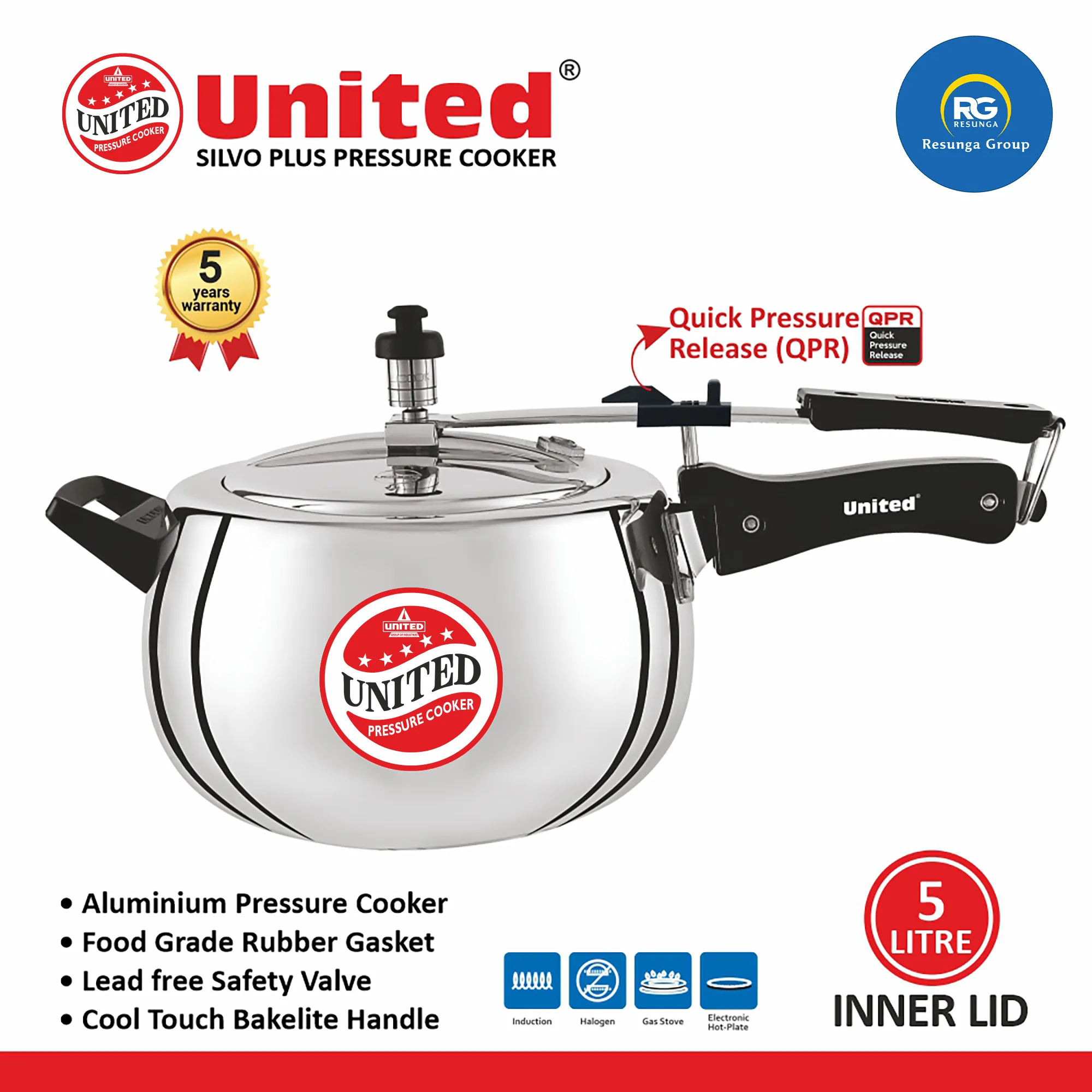 United Silvo Plus Inner Lid Pressure Cooker 5Ltr