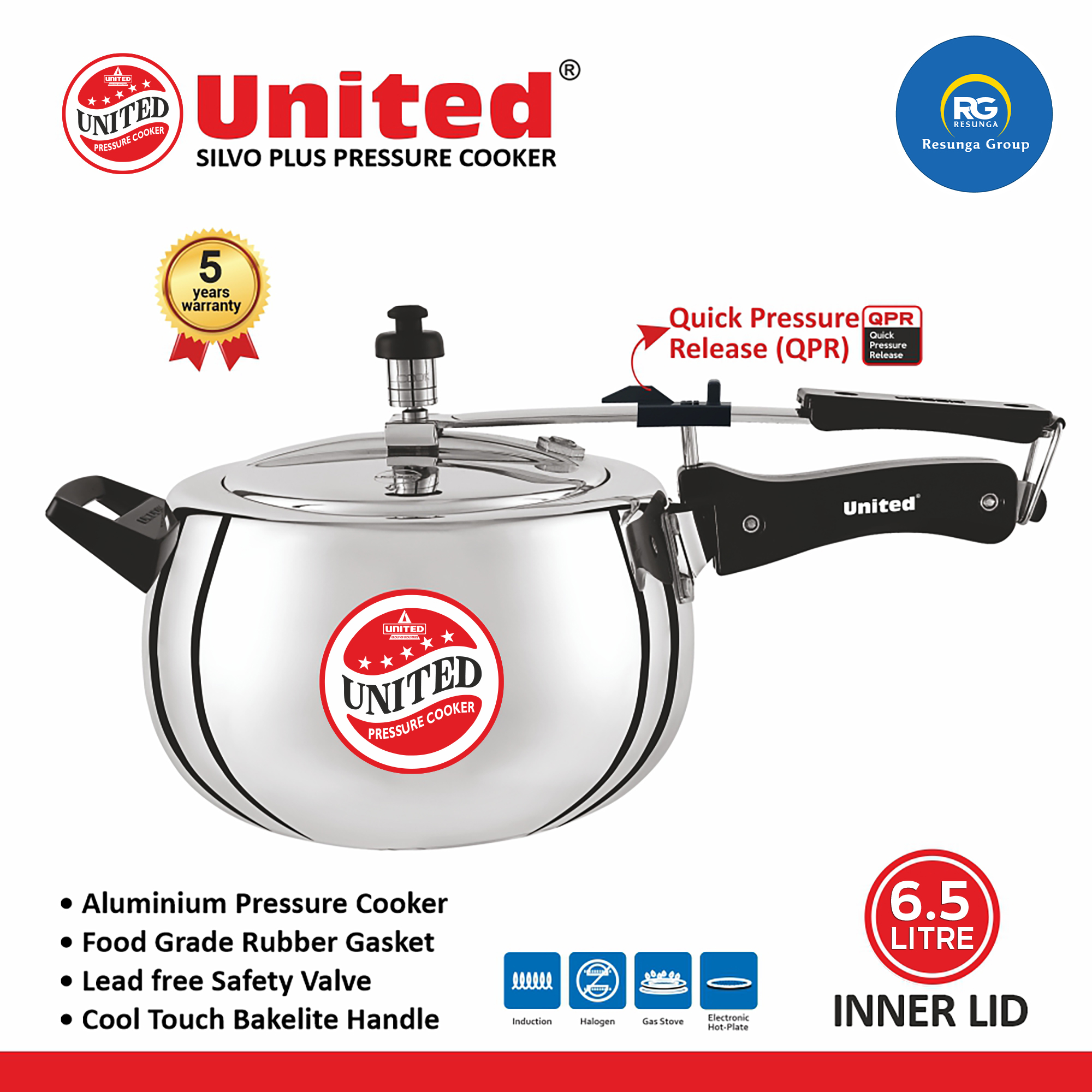 United Silvo Plus Inner Lid Pressure Cooker 6.5Ltr