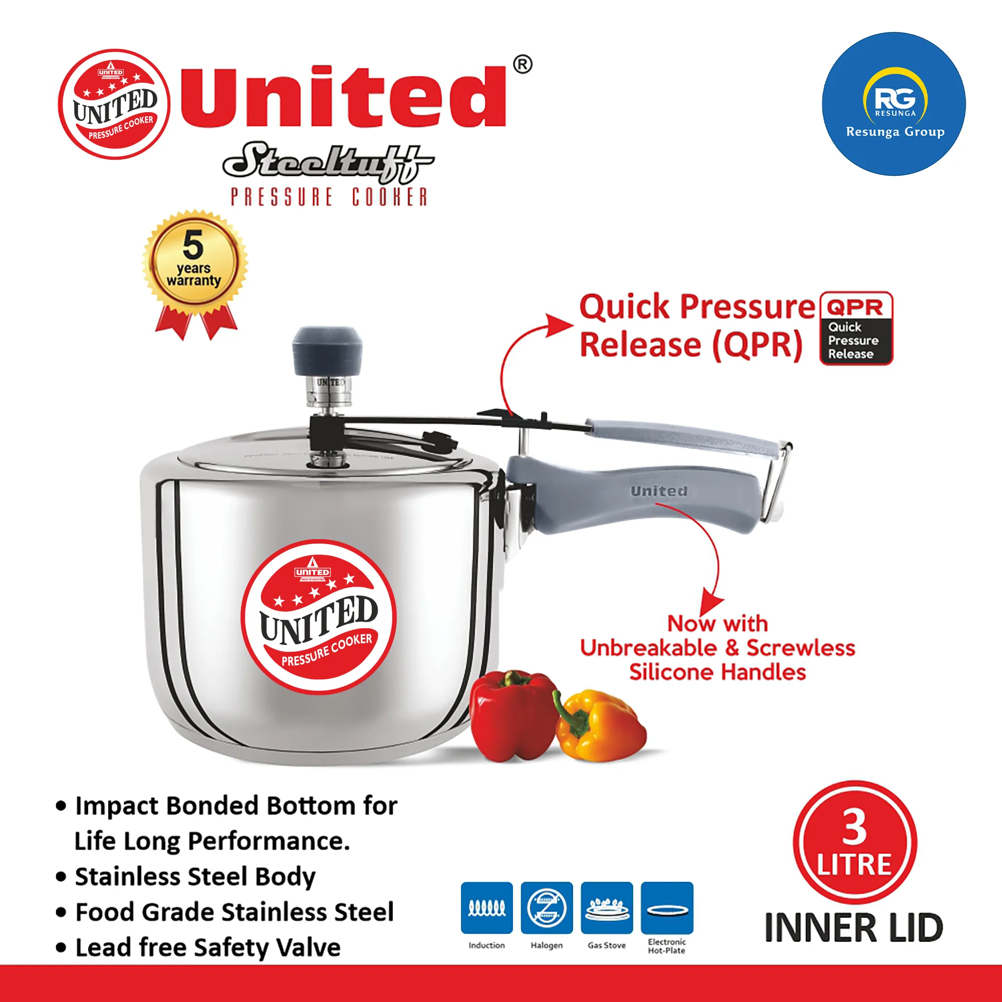 United Steeltuff Inner Lid Pressure Cooker 3Ltr