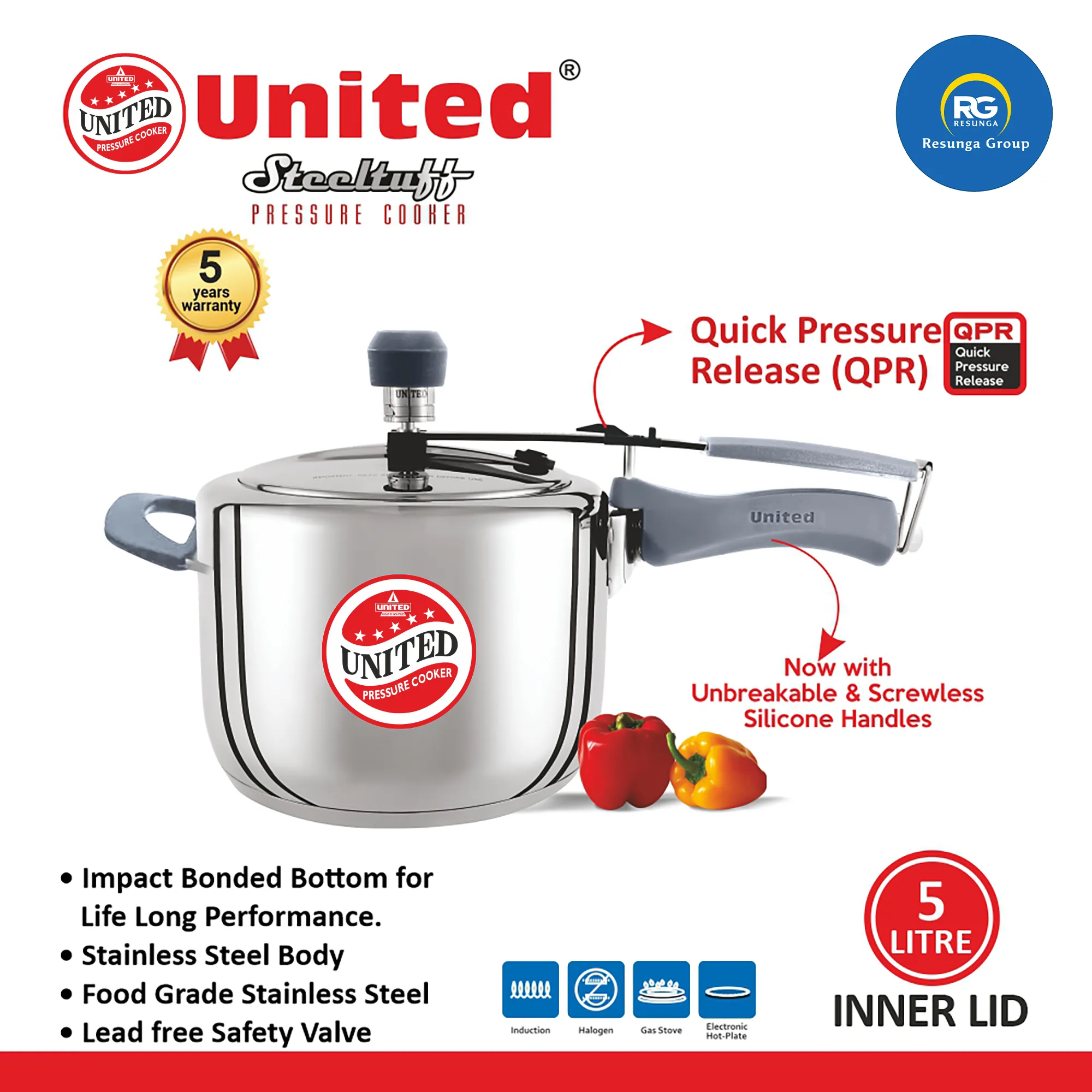 United Steeltuff Inner Lid Pressure Cooker 5Ltr