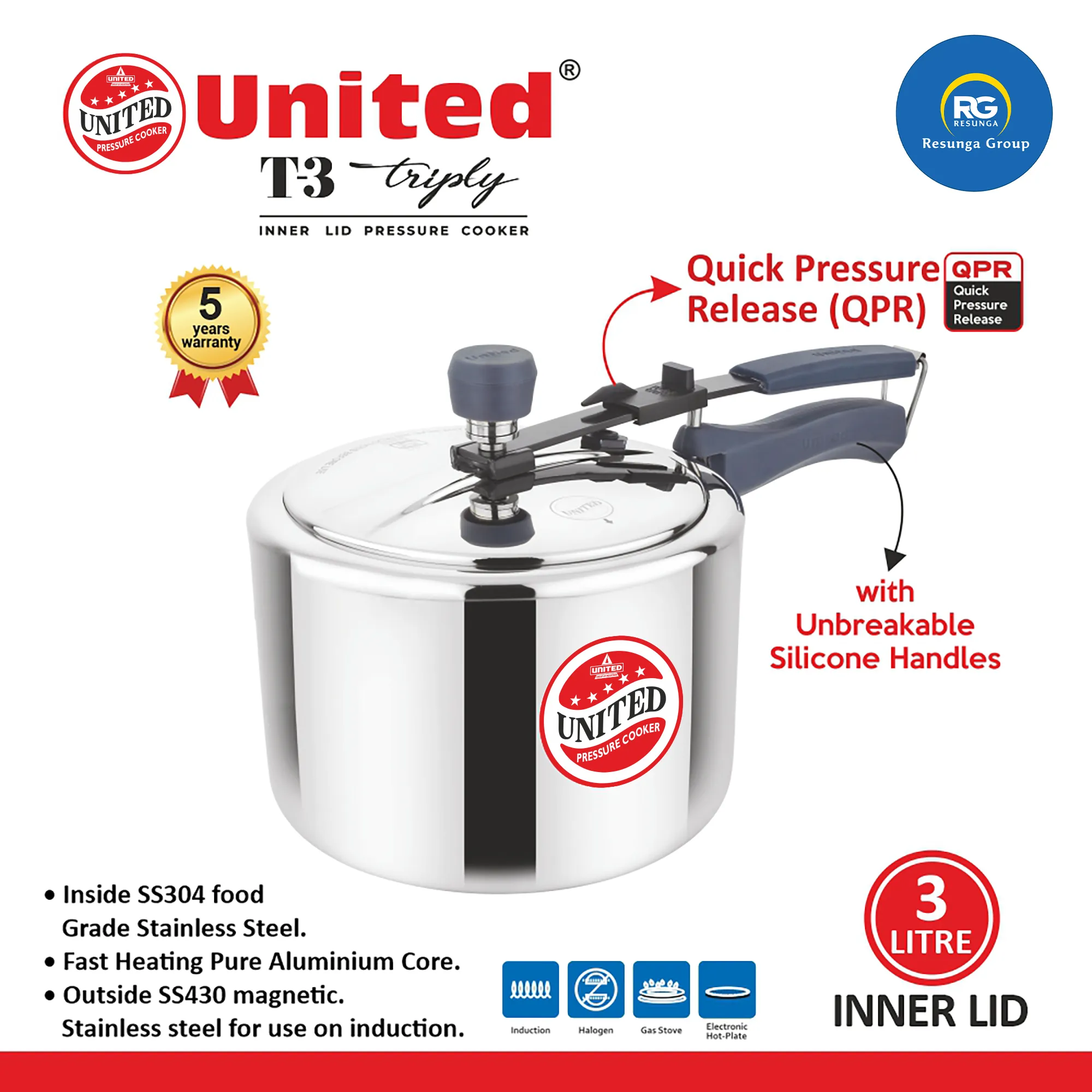 United Triply Stainless Steel Cooker 3Ltr (Wide)