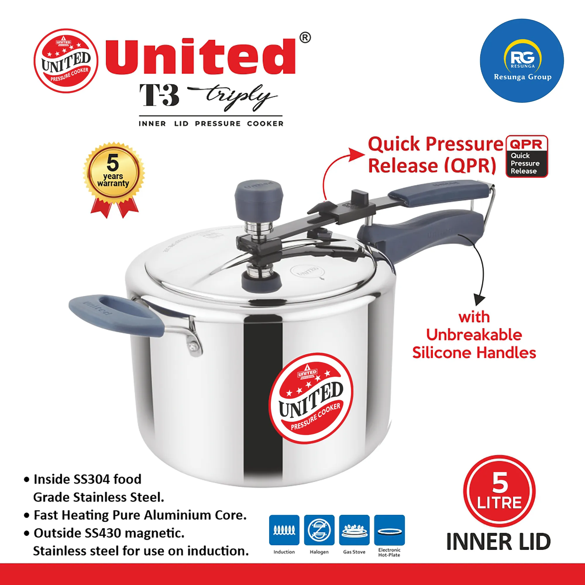 United Triply Stainless Steel Cooker 5Ltr (Wide)