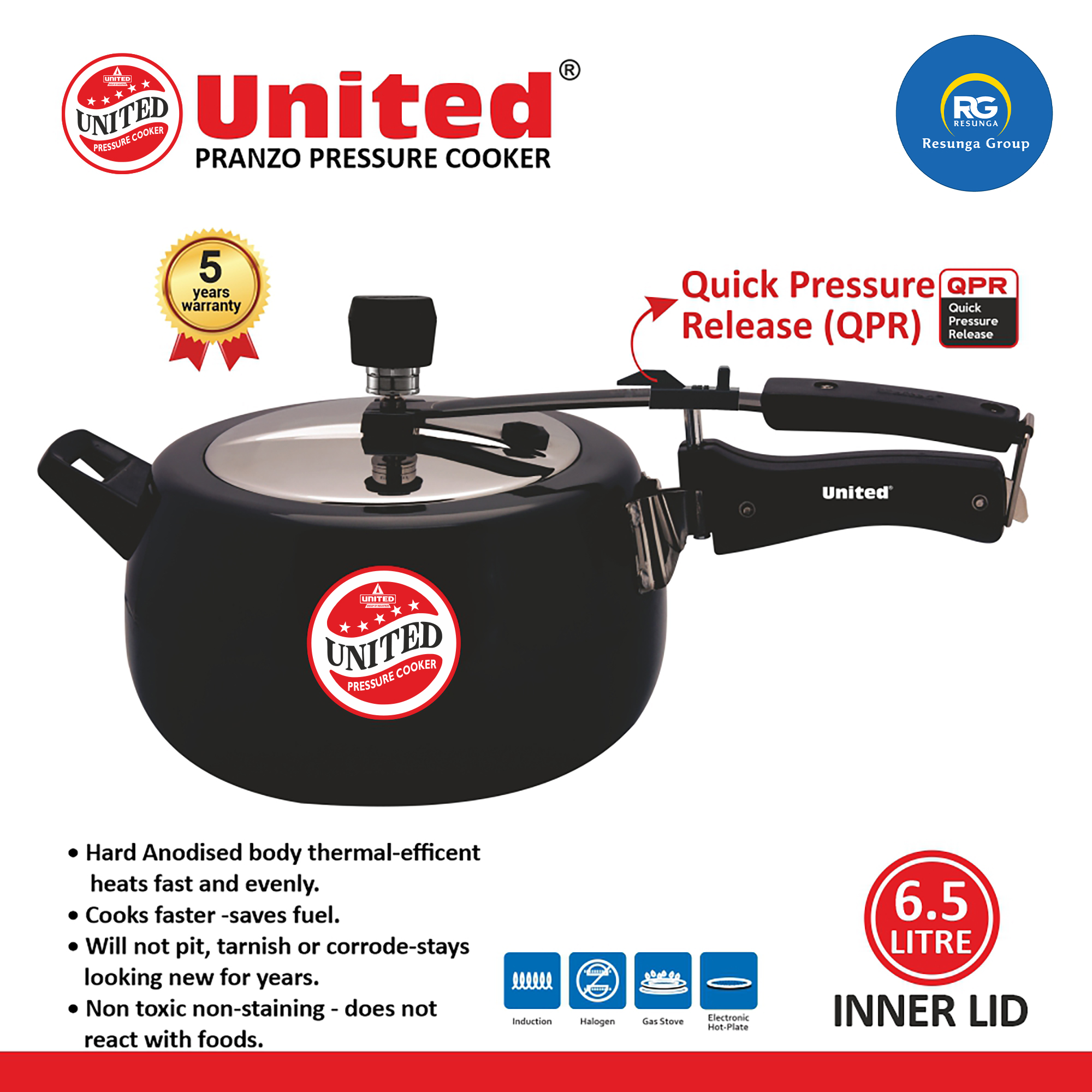 United Pranzo Induction Pressure Cooker 6.5Ltr