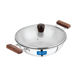 Triply Wooden Handle Kadai with Glass Lid 26cm